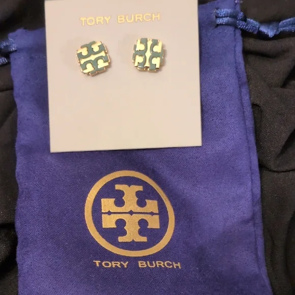 Tory Burch Gold and Mint Green Square Earrings